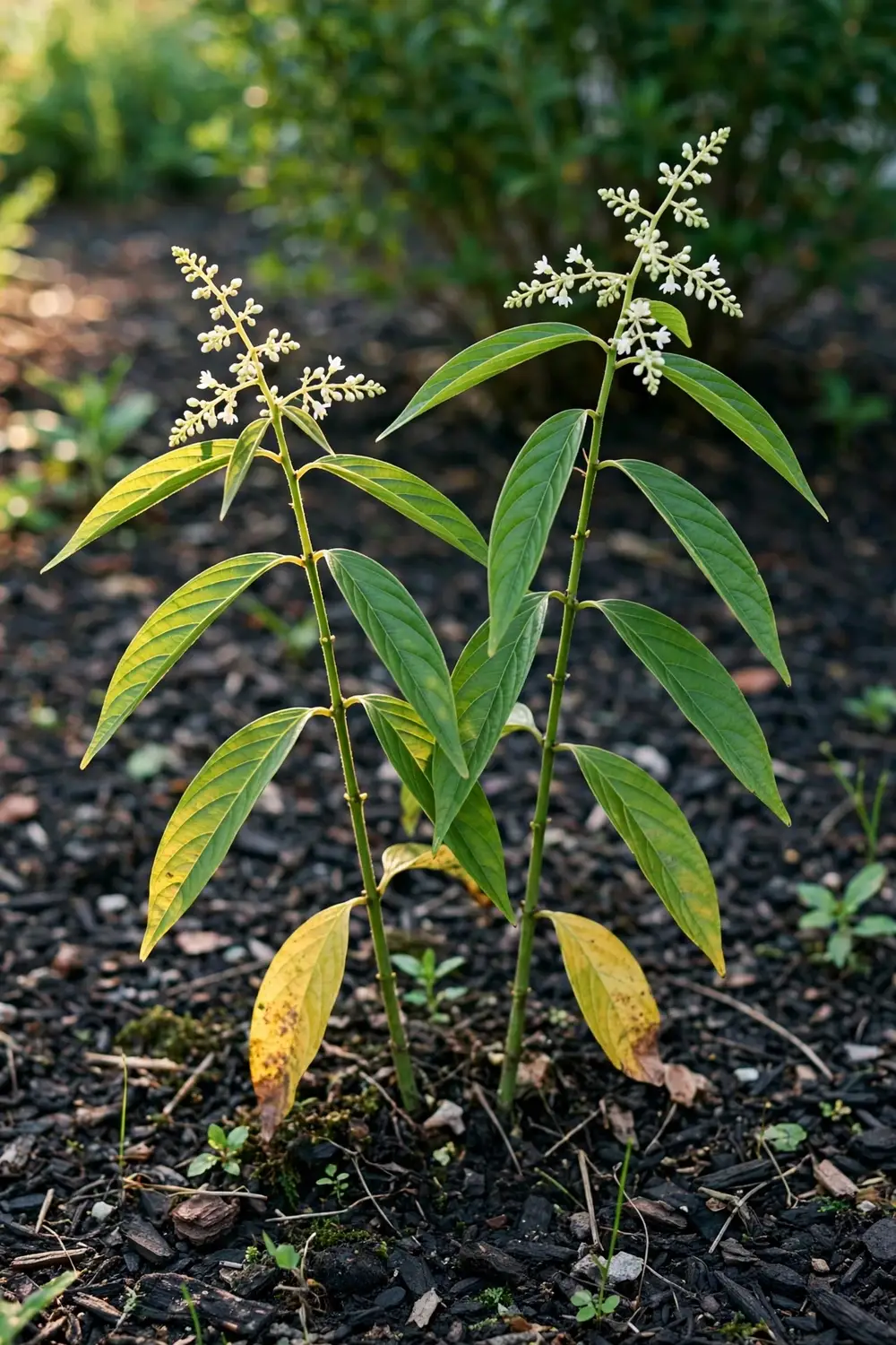 Flowering kalmegh plant with bitter green leaves in a sunny garden bed