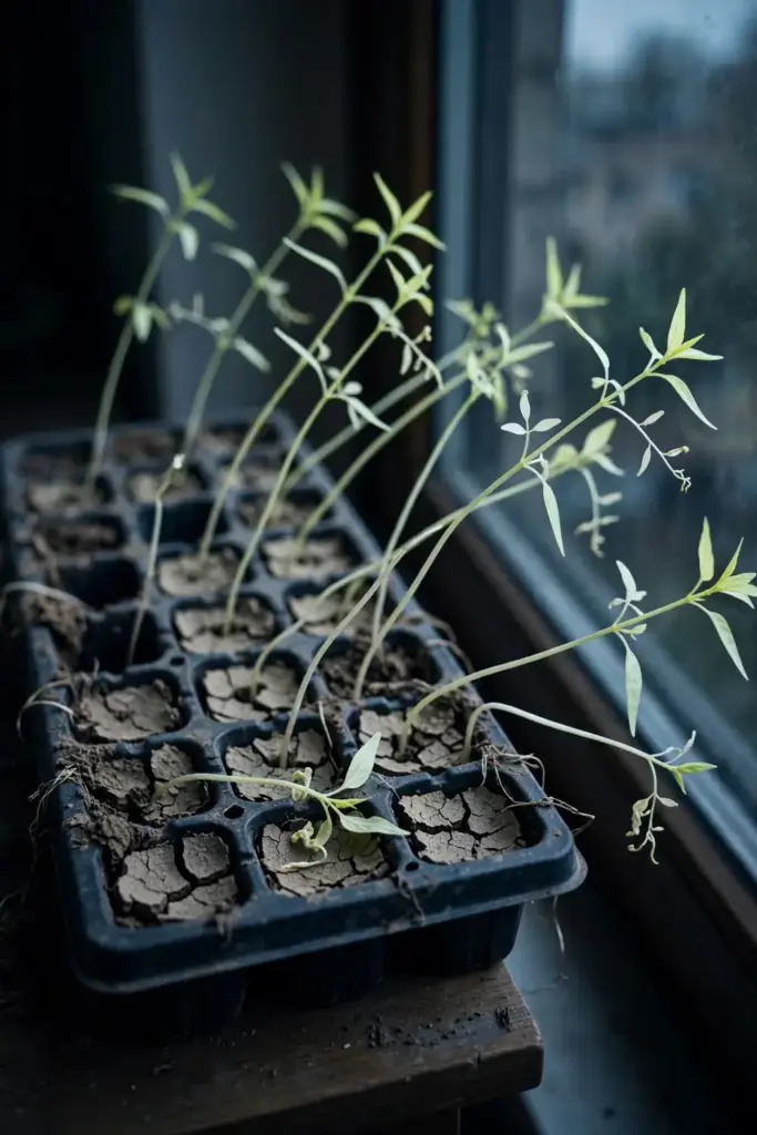 Leggy pale kalmegh seedlings reaching for weak window light
