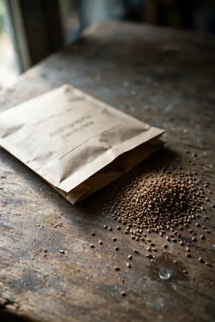 Kalmegh seed packet beside tiny brown seeds on a wooden table