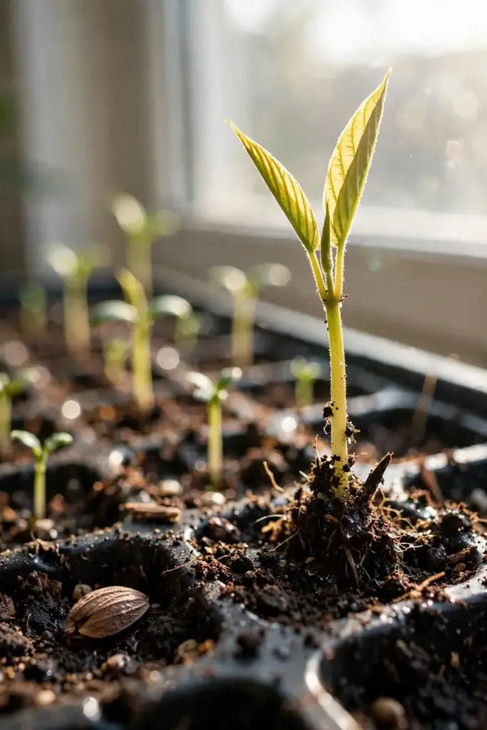 Young kalmegh seedlings emerging in a seed tray under bright light