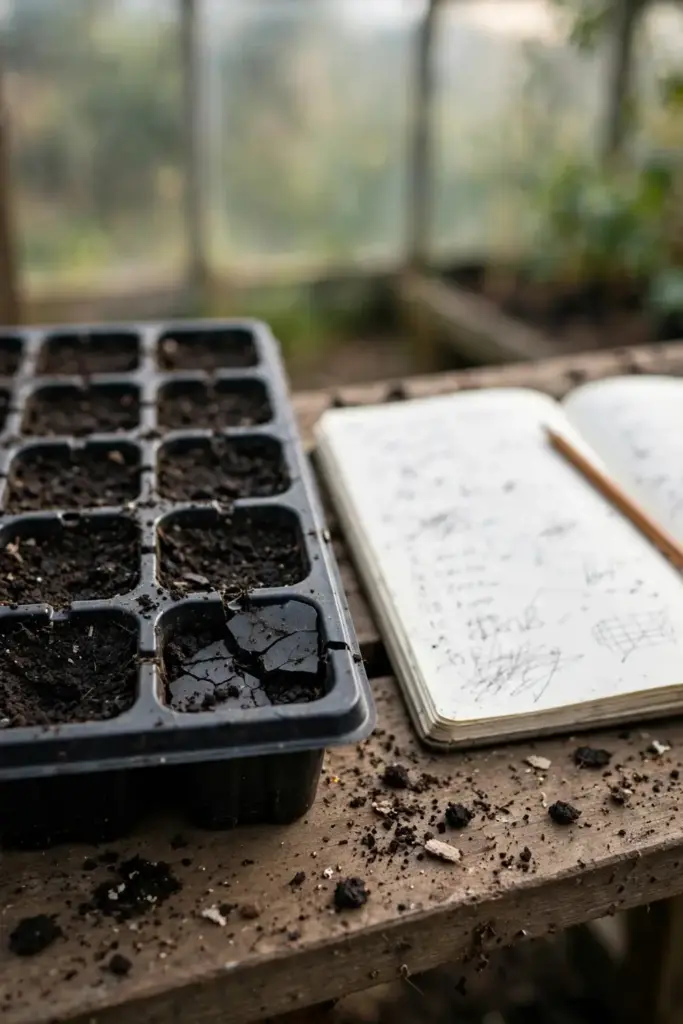 Seed tray of kalmegh beside a garden notebook on a potting bench