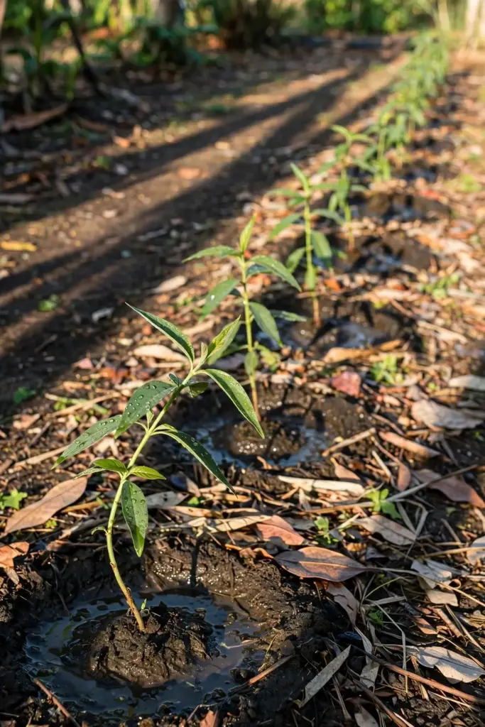 Kalmegh transplants spaced in a prepared garden row