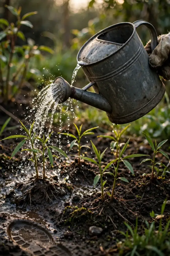 Watering can pouring water at the base of kalmegh plants