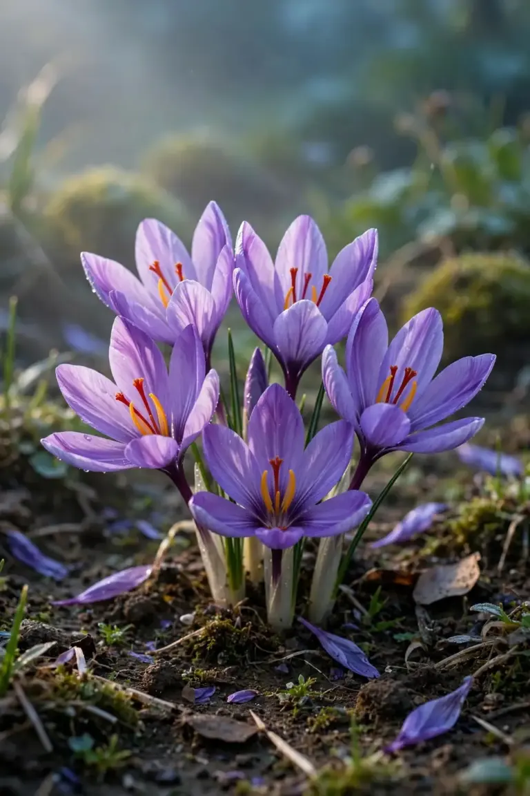 Purple saffron crocus flowers blooming in a garden bed at dawn, red stigmas visible