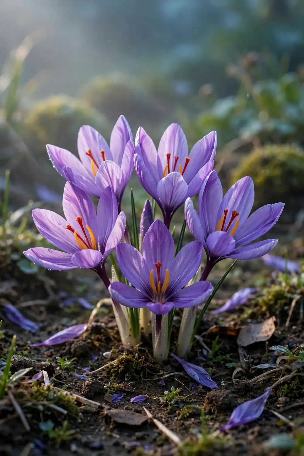 Purple saffron crocus flowers blooming in a garden bed at dawn, red stigmas visible