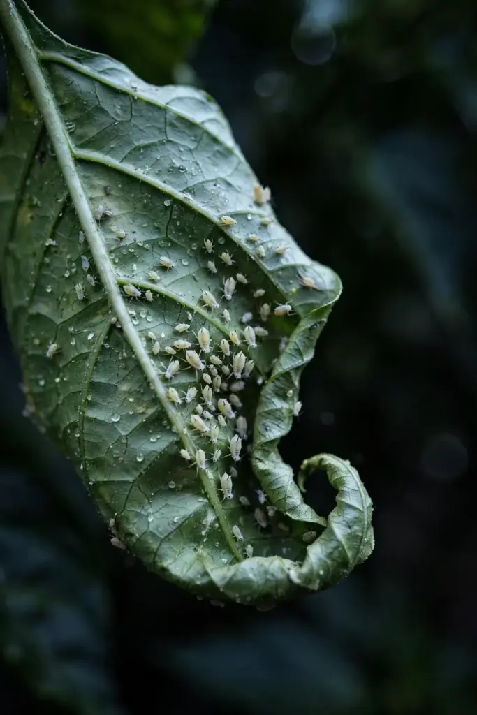 Macro of pale aphids clustered on the underside of a chilli leaf