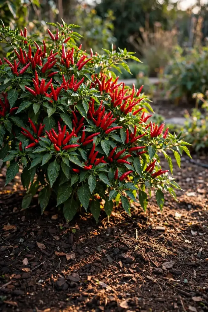 Whole bushy chilli plant heavy with red pods in a sunny garden bed