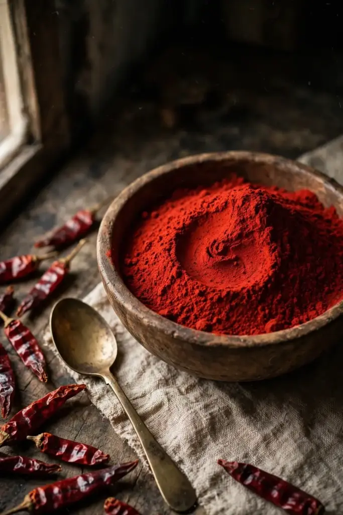 Wooden bowl heaped with vivid red Kashmiri chilli powder beside dried pods