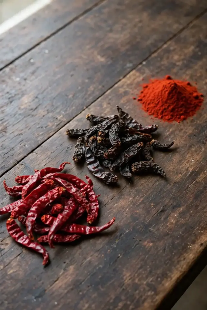 Three piles of dried chillies compared side by side on a wooden table