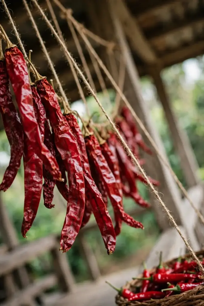 Strings of deep red chilli pods hanging to dry in a shaded veranda