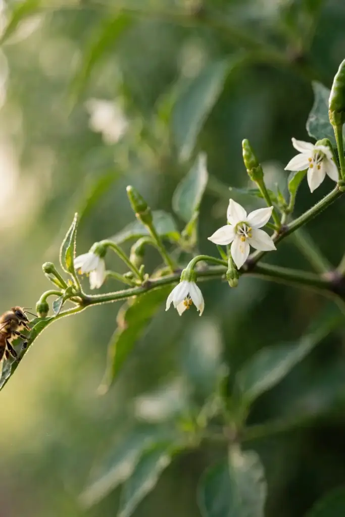 Chilli branch with white star flowers and tiny green pods forming