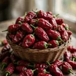 Woven basket overflowing with deep red wrinkled Kashmiri chilli pods on a wooden table