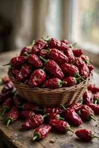Woven basket overflowing with deep red wrinkled Kashmiri chilli pods on a wooden table