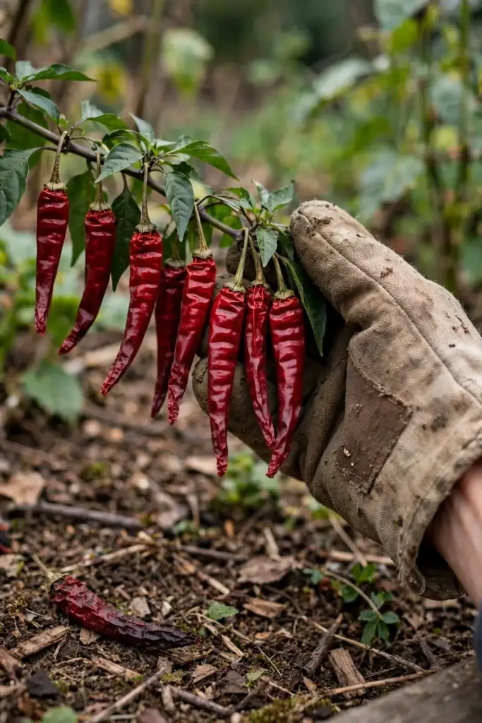 Hand holding ripe deep red Kashmiri chilli pods on the plant at harvest