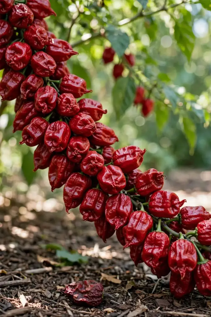 Chilli branch laden with ripe deep red pods filling the frame
