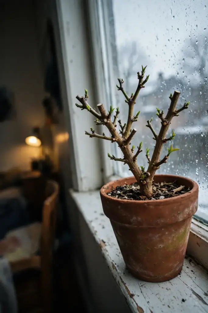 Pruned chilli plant overwintering in a pot on a bright windowsill