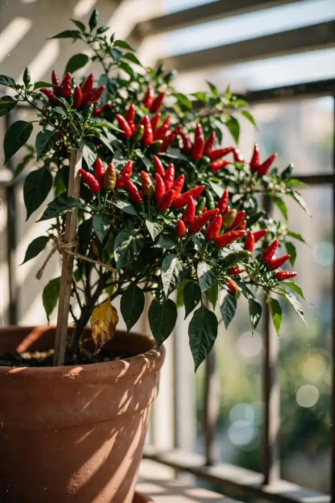 Potted chilli plant with ripening red pods on a sunny balcony