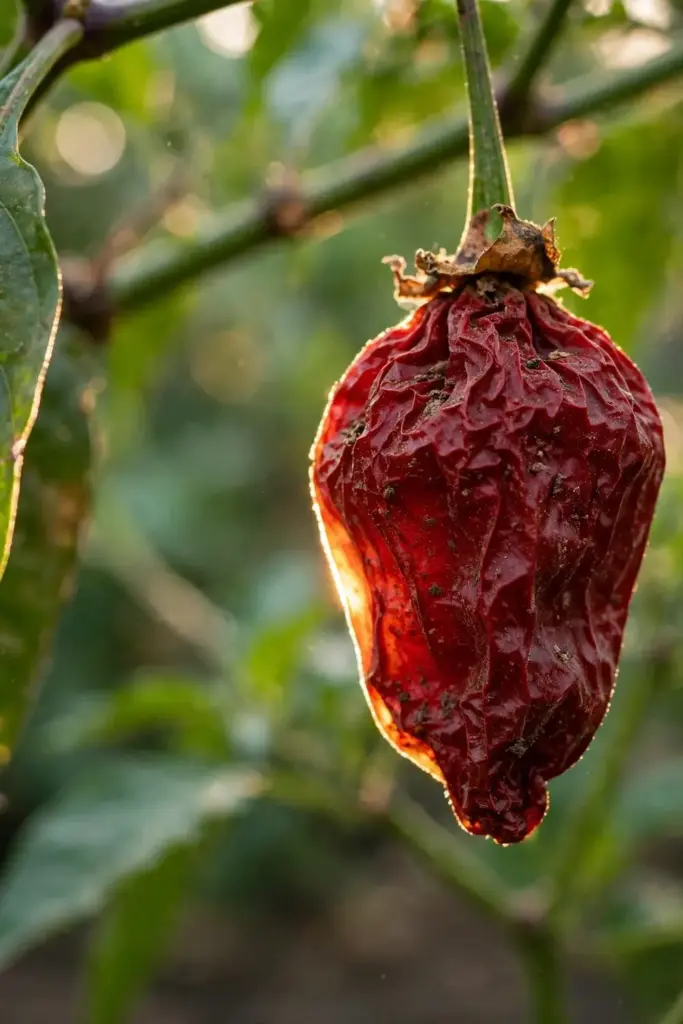 Close-up of a wrinkled deep red Kashmiri chilli pod ripening on the plant
