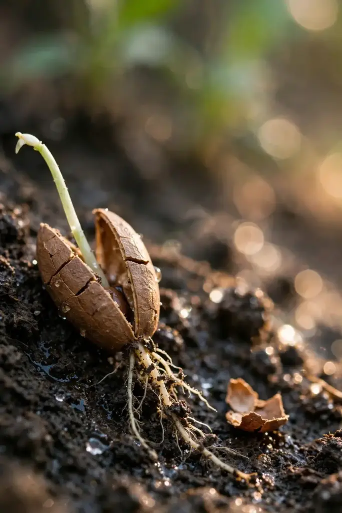 Split chilli seed with a pale sprout rising from dark moist soil