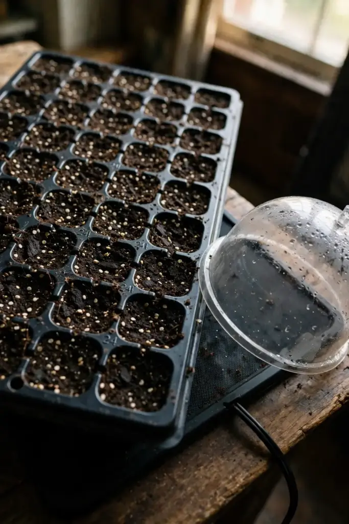 Seed tray with sown chilli seeds on a propagation heat mat indoors