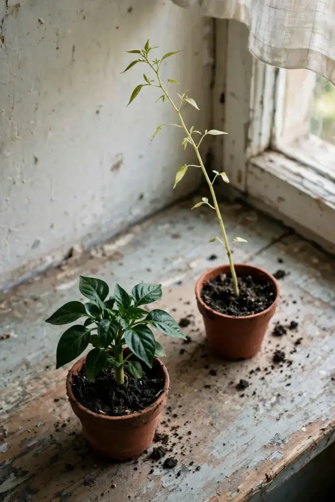 Two chilli seedlings side by side, one stocky and one tall and leggy