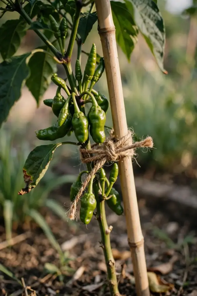 Tall chilli plant tied to a bamboo stake with swelling green pods