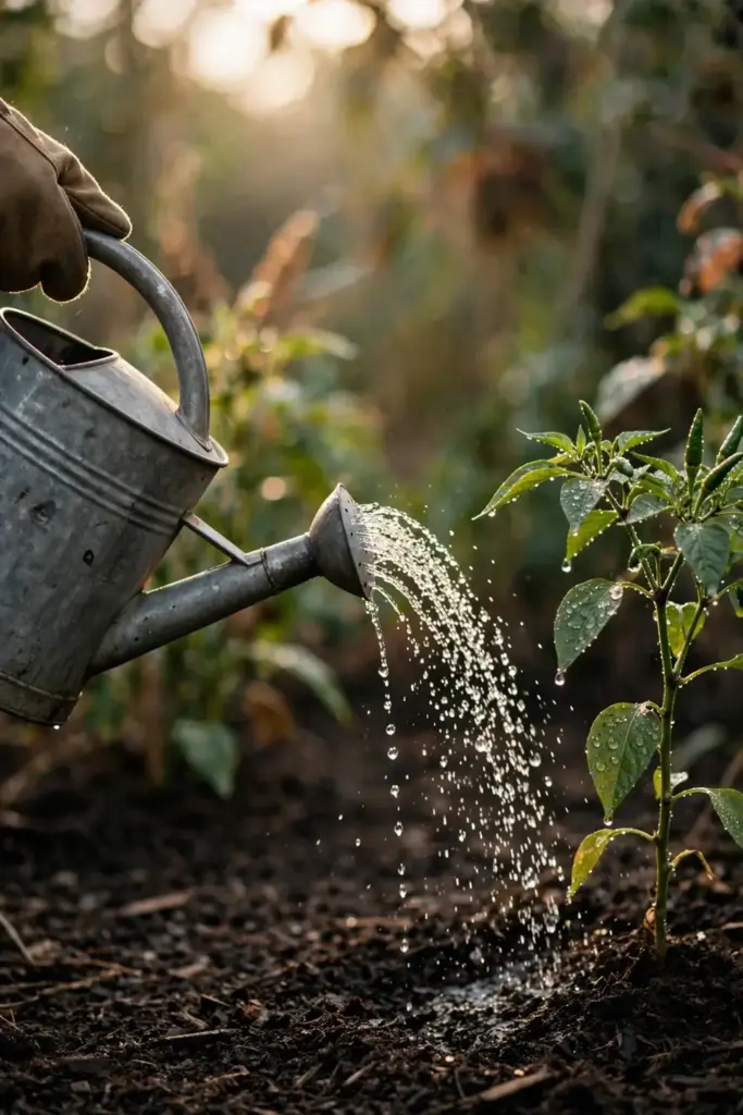 Hand tipping a watering can over a chilli plant root zone at warm backlight