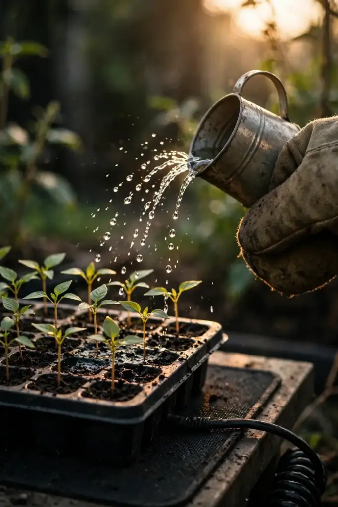 Hand watering a chilli seedling tray on a heat mat in warm indoor light