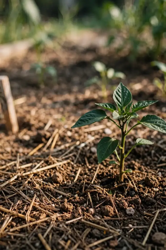 Young stocky chilli transplant standing in a mulched garden bed