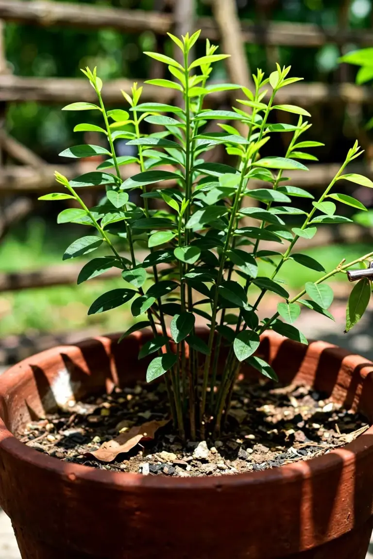 Multistemmed katuk shrub in a deep pot with bright lime-green shoot tips in dappled shade