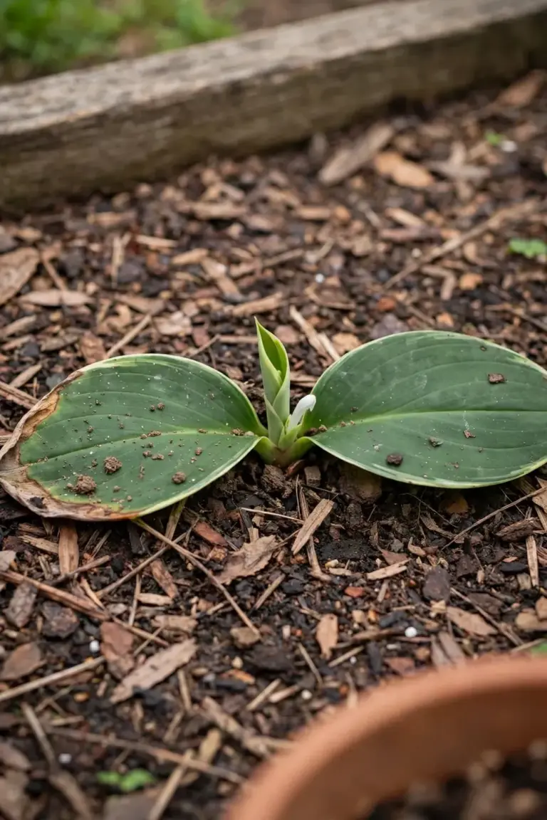 Kencur plant with flat rosette leaves growing in a mulched garden bed