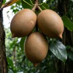 Mature kluwak tree with tan football-shaped fruit hanging among heart-shaped leaves