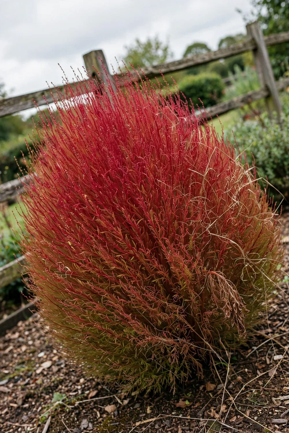 Red autumn kochia mound with fine feathery foliage in a garden bed