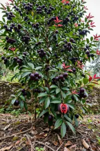 Mature kokum tree loaded with dark purple fruit in a broad evergreen crown