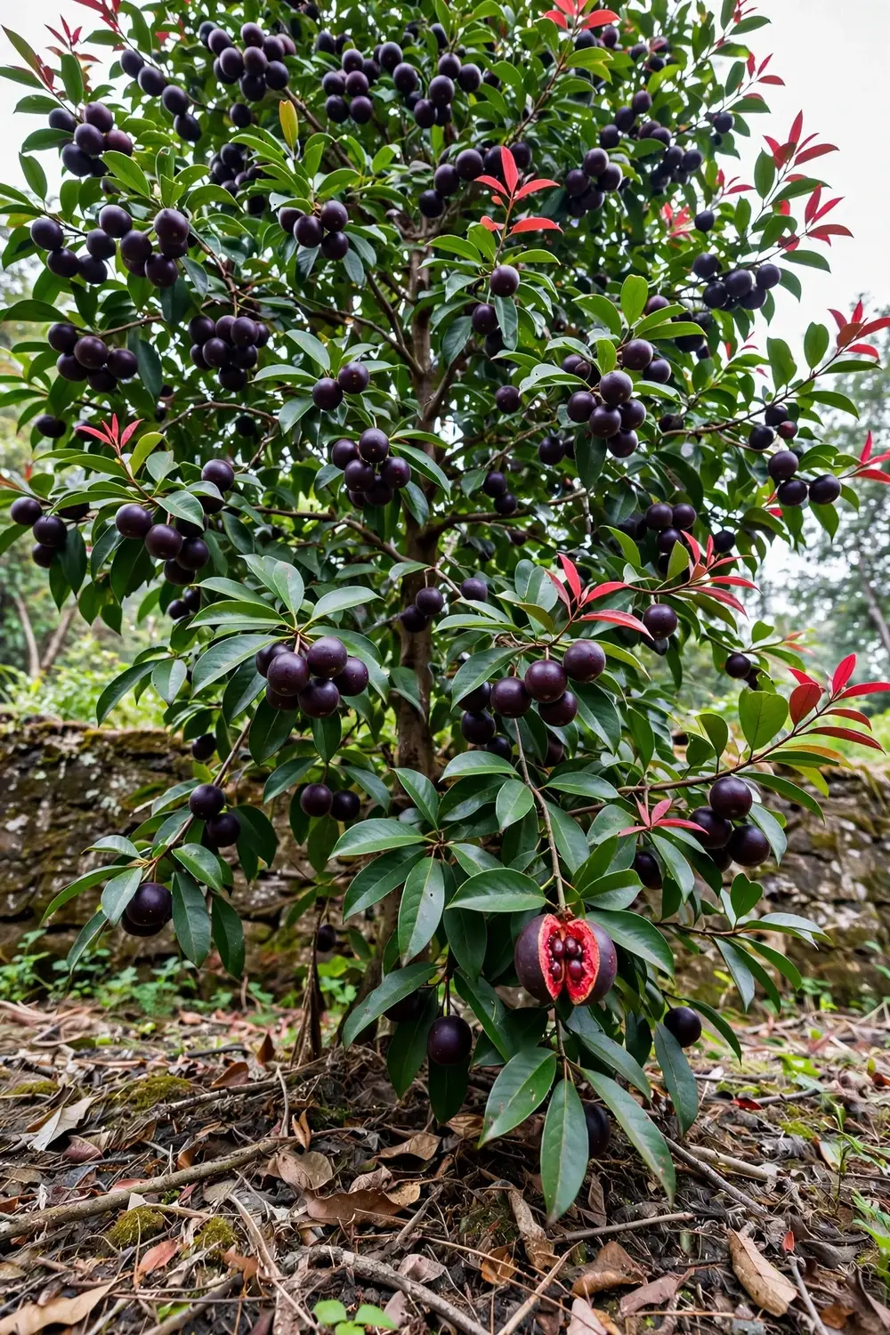 Mature kokum tree loaded with dark purple fruit in a broad evergreen crown