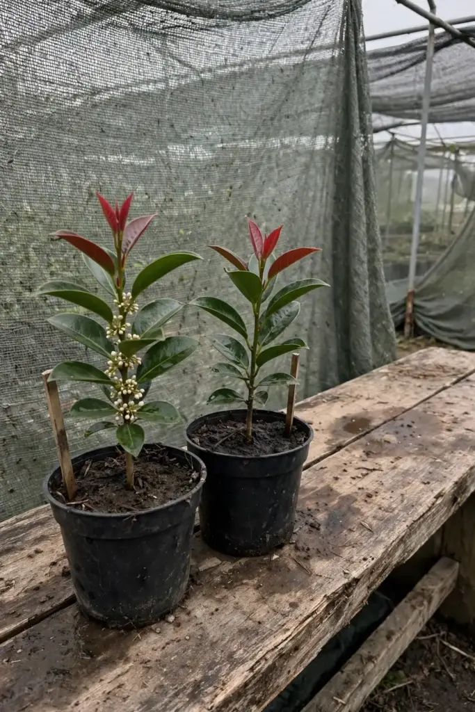 Two young kokum saplings in nursery pots, one with flower buds