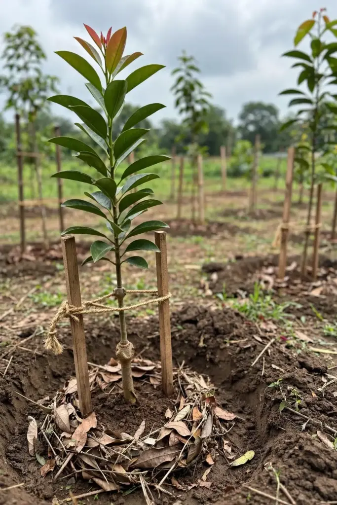 Young staked kokum tree newly planted in a mulched garden bed