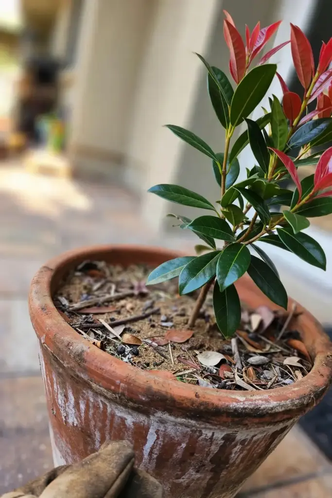 Young kokum tree in a large terracotta pot on a sunny patio