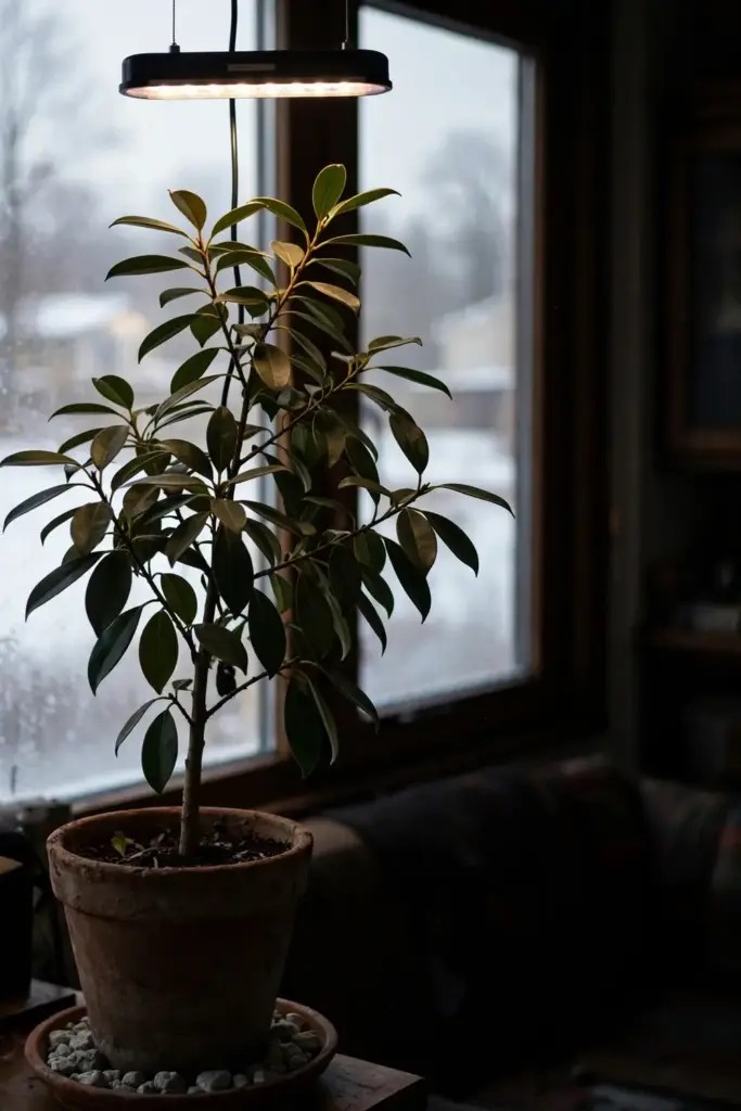 Potted kokum tree overwintering by a bright window under a grow light