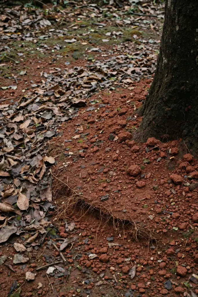 Red laterite soil with leaf mulch around a kokum trunk base