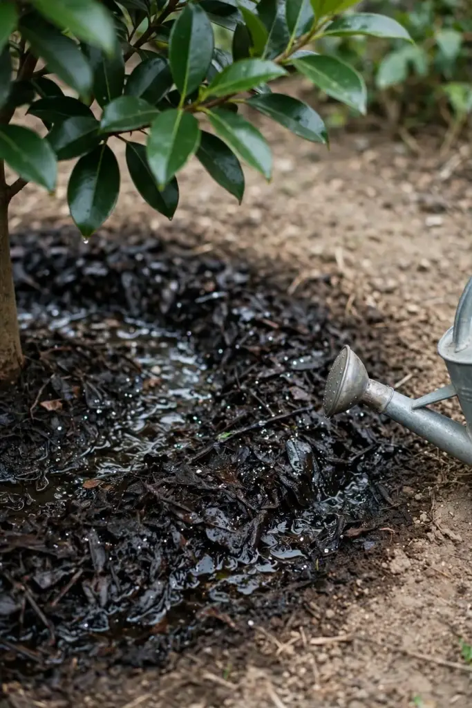 Water soaking into mulch around the base of a young kokum tree