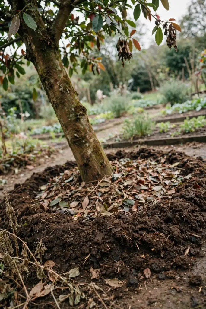 Composted manure and leaf mulch around a kokum tree drip line