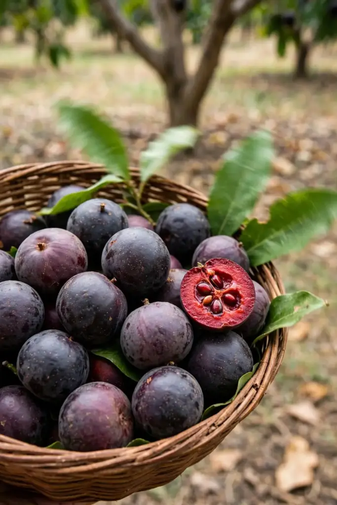 Basket of freshly harvested dark purple kokum fruits