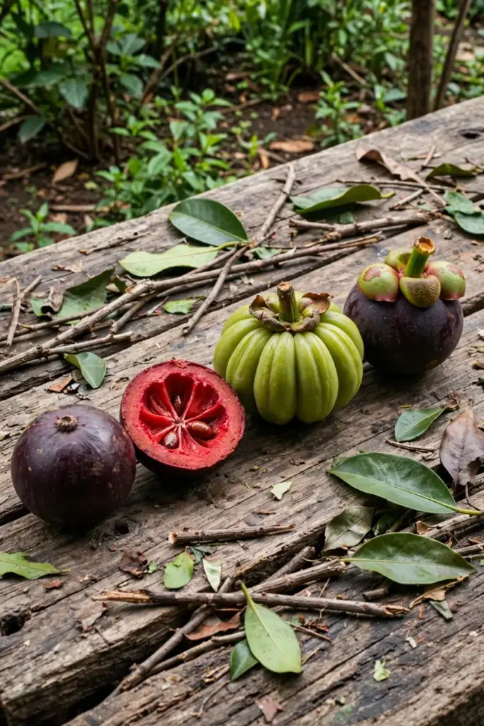 Kokum, Malabar tamarind, and mangosteen fruits side by side for comparison
