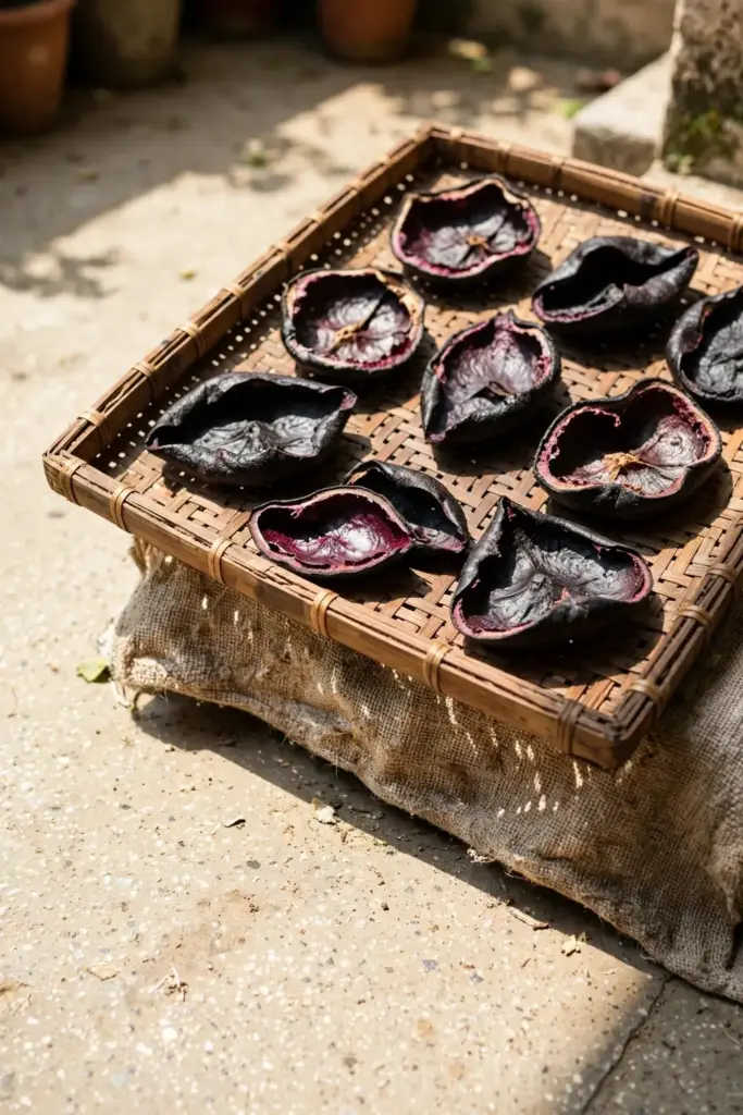 Kokum rind halves sun-drying on a woven tray