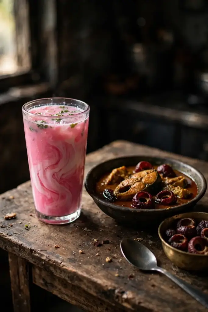Pink solkadhi drink beside fish curry made with kokum