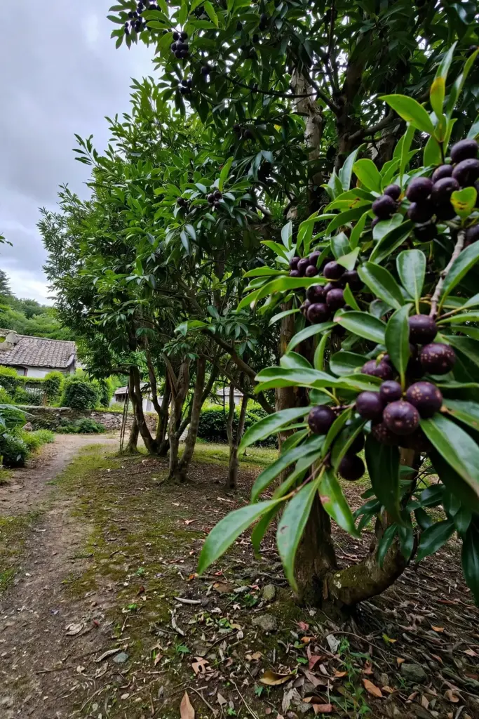 Small grove of mature fruiting kokum trees at a garden edge