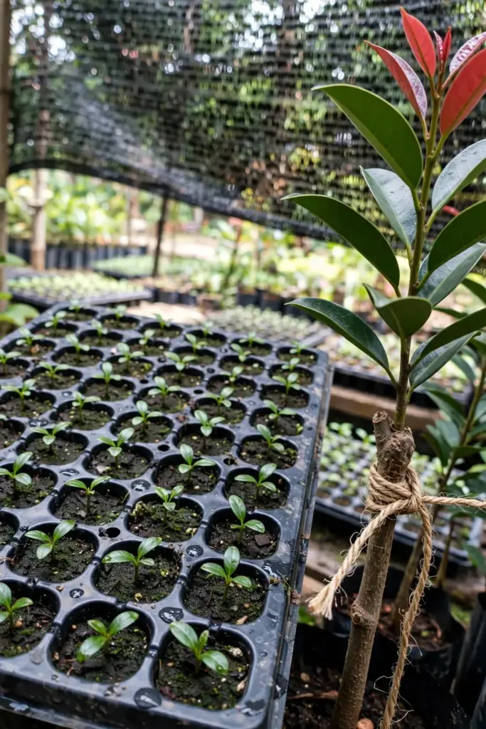 Kokum seedling tray beside a grafted sapling showing its graft union