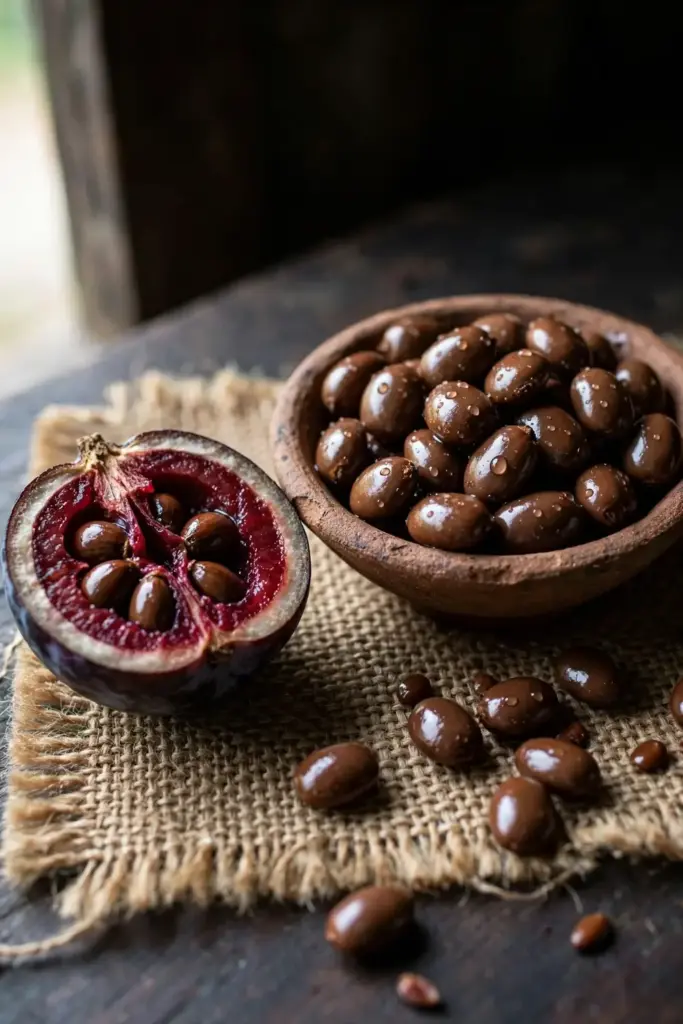 Fresh washed kokum seeds in a clay bowl beside a halved ripe fruit