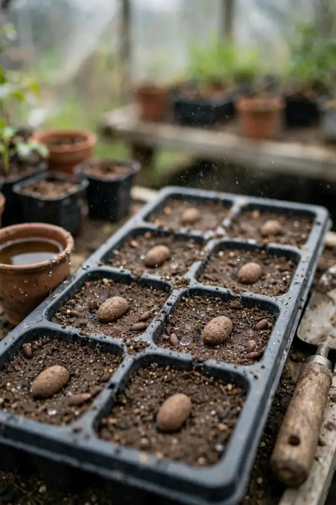 Kokum seeds pressed horizontally into a nursery tray of sandy mix